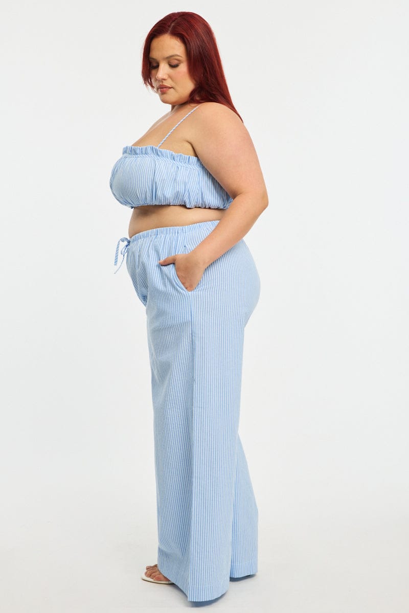 Blue Stripe Wide Leg Pants Elastic Waist for YouandAll Fashion