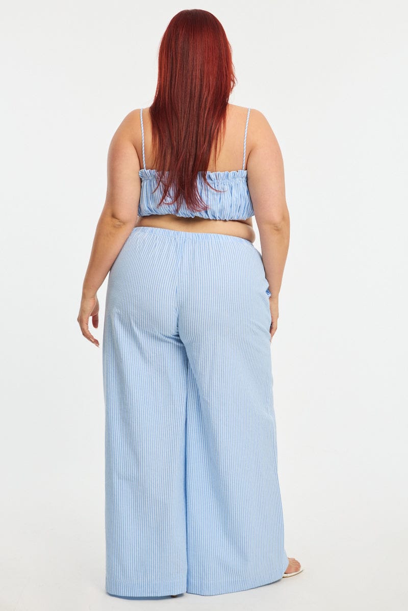 Blue Stripe Wide Leg Pants Elastic Waist for YouandAll Fashion