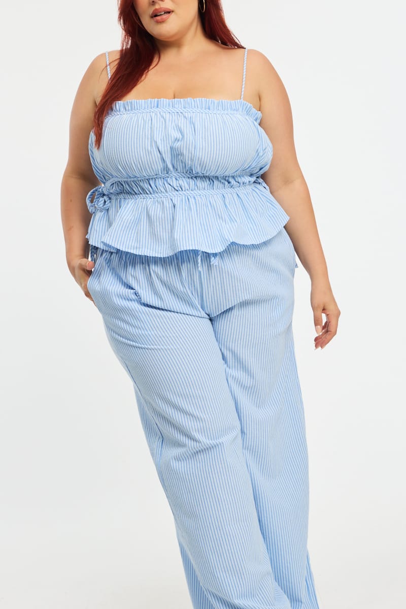 Blue Stripe Wide Leg Pants Elastic Waist for YouandAll Fashion