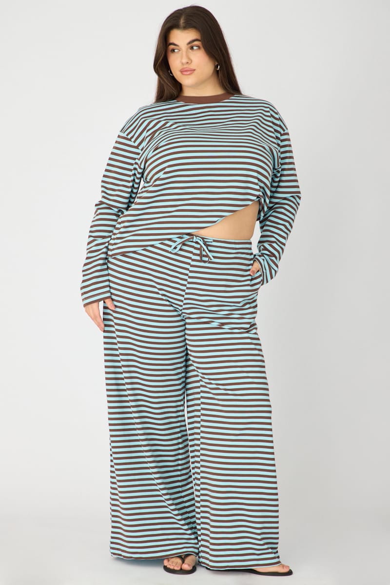 Blue Stripe Wide Leg Pants Striped