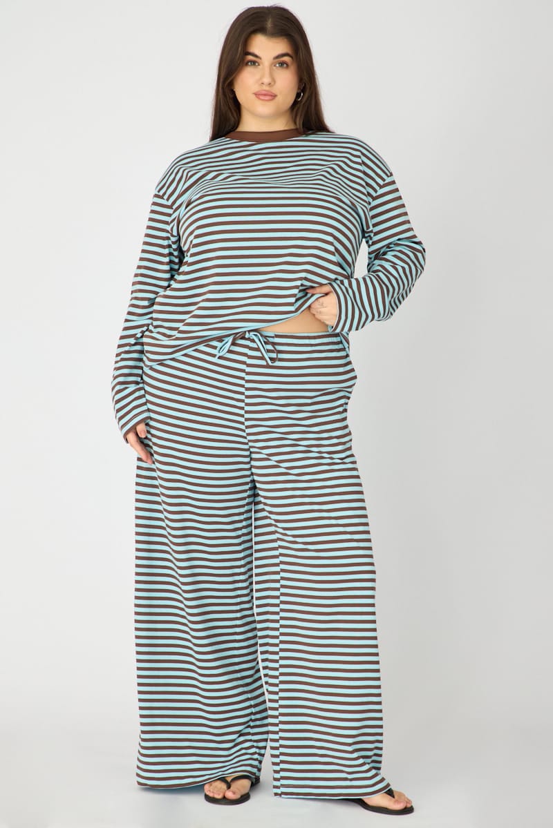 Blue Stripe Wide Leg Pants Striped