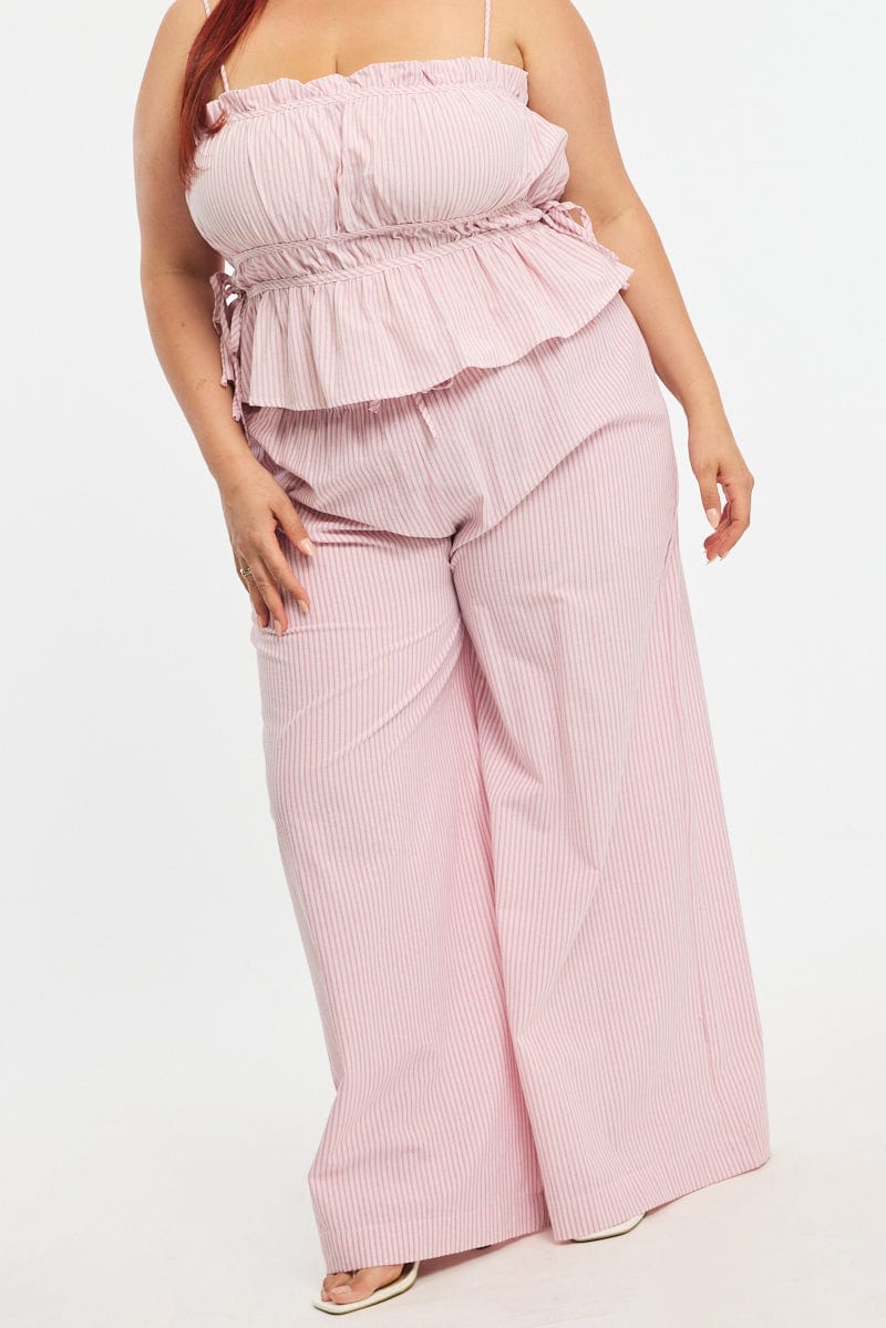 Red Stripe Wide Leg Pants Elastic Waist for YouandAll Fashion