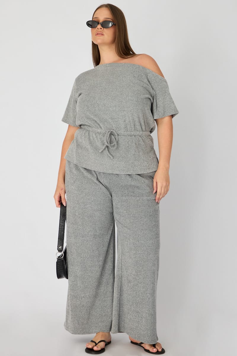 Grey Soft Rib Wide Leg Pants for YouandAll Fashion