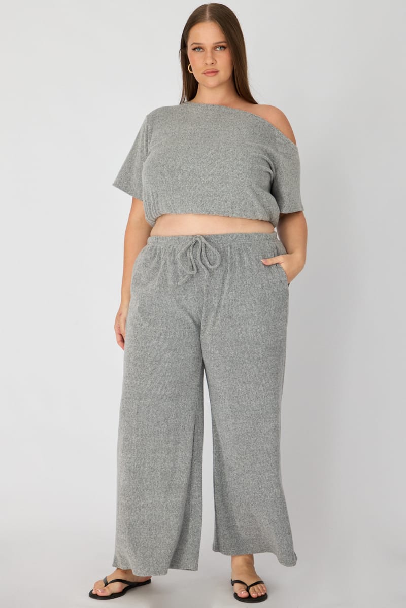 Grey Soft Rib Wide Leg Pants for YouandAll Fashion