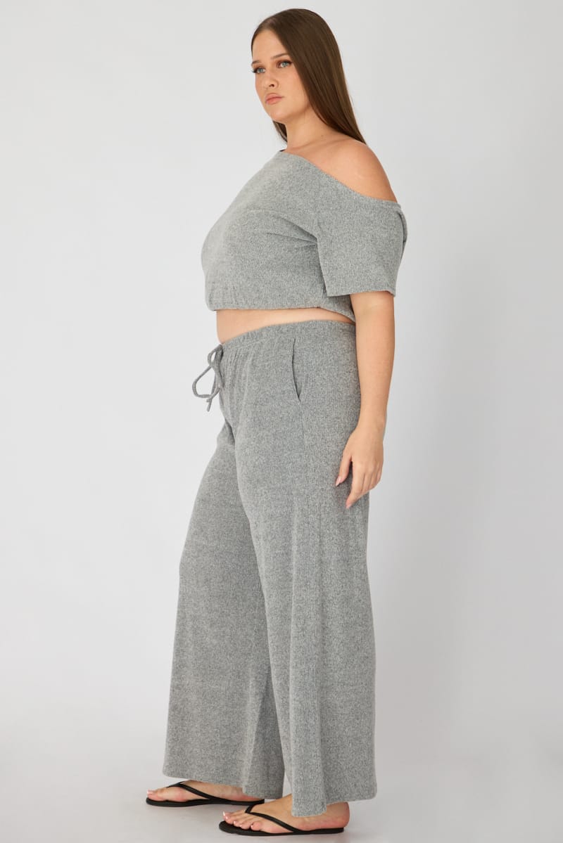 Grey Soft Rib Wide Leg Pants for YouandAll Fashion