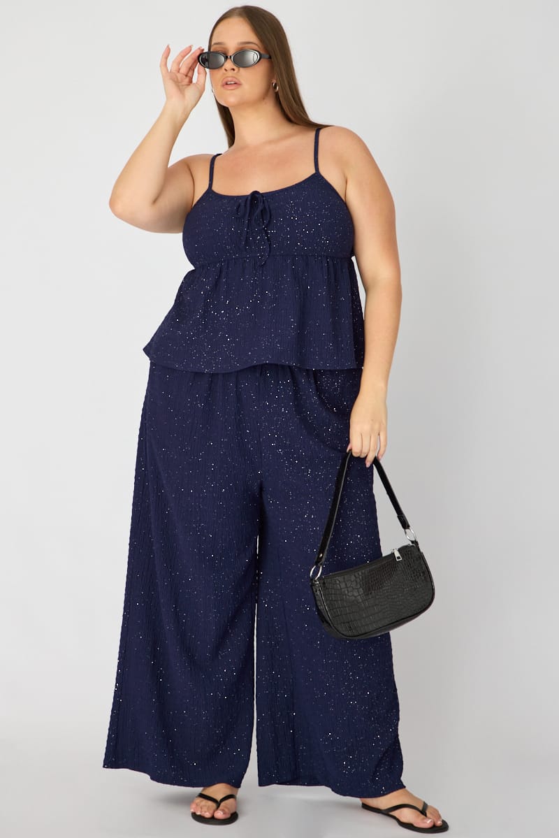 Blue Wide Leg Pants Shimmer Elasticated Waist for YouandAll Fashion