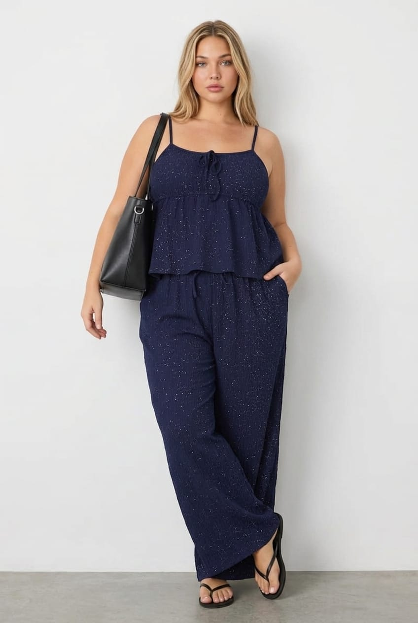 Blue Wide Leg Pants Shimmer Elasticated Waist for YouandAll Fashion