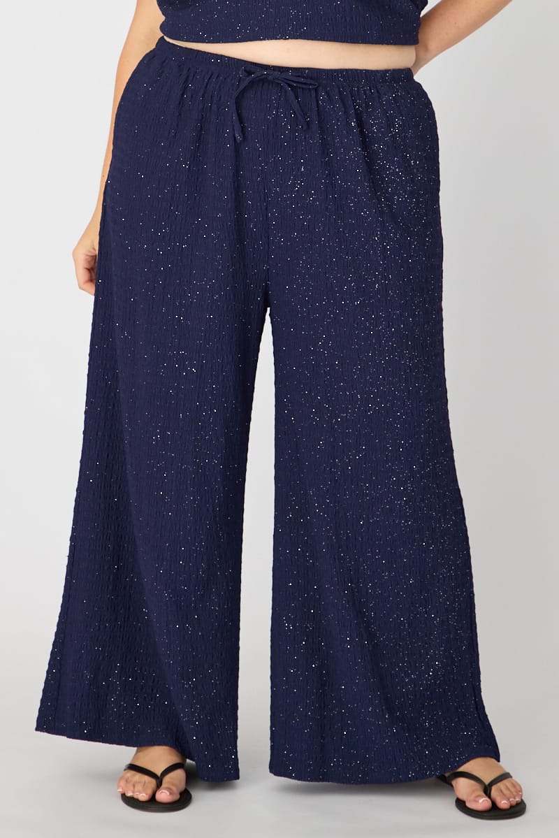Blue Wide Leg Pants Shimmer Elasticated Waist for YouandAll Fashion