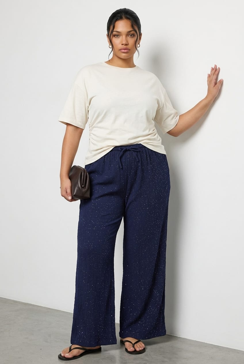 Blue Wide Leg Pants Shimmer Elasticated Waist for YouandAll Fashion