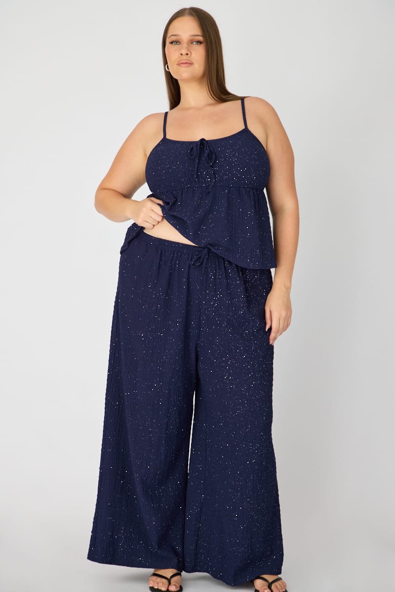 Blue Wide Leg Pants Shimmer Elasticated Waist for YouandAll Fashion