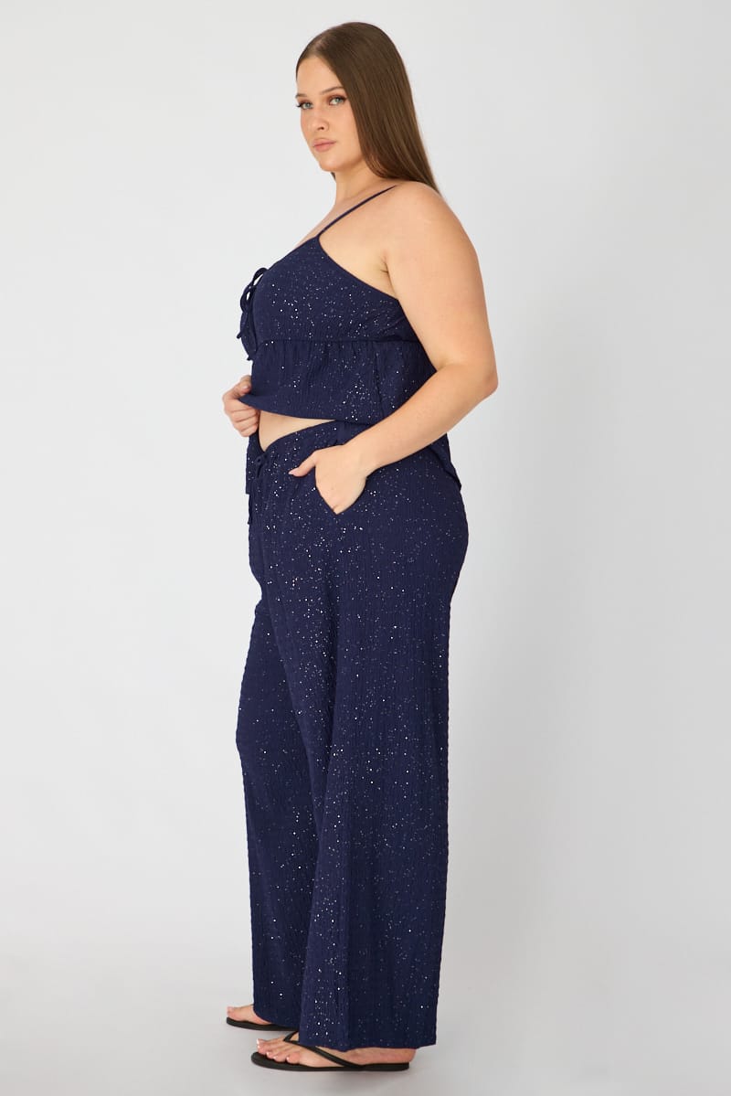 Blue Wide Leg Pants Shimmer Elasticated Waist for YouandAll Fashion