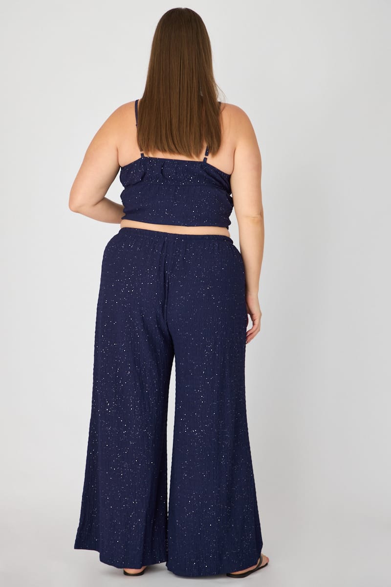 Blue Wide Leg Pants Shimmer Elasticated Waist for YouandAll Fashion