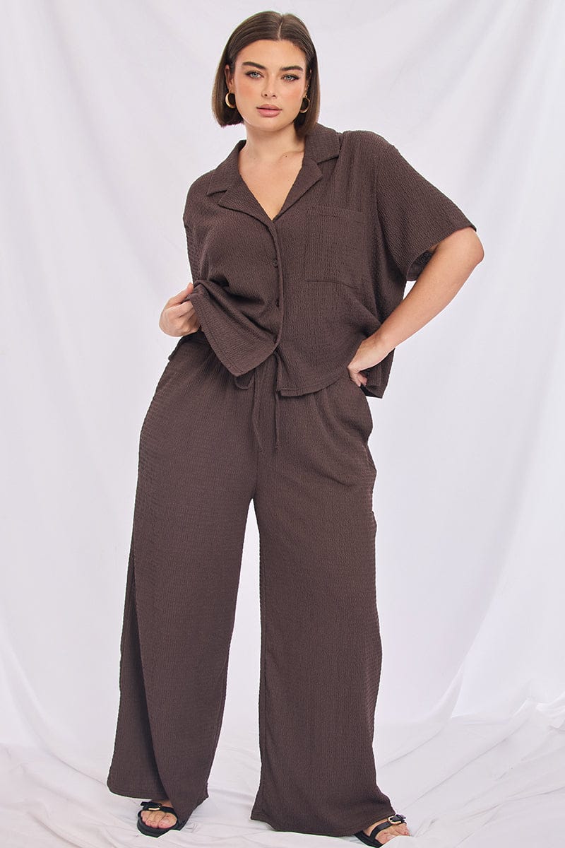 Brown Wide Leg Pants Elastic Waist for YouandAll Fashion