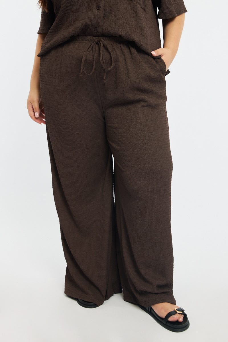Brown Wide Leg Pants Elastic Waist for YouandAll Fashion