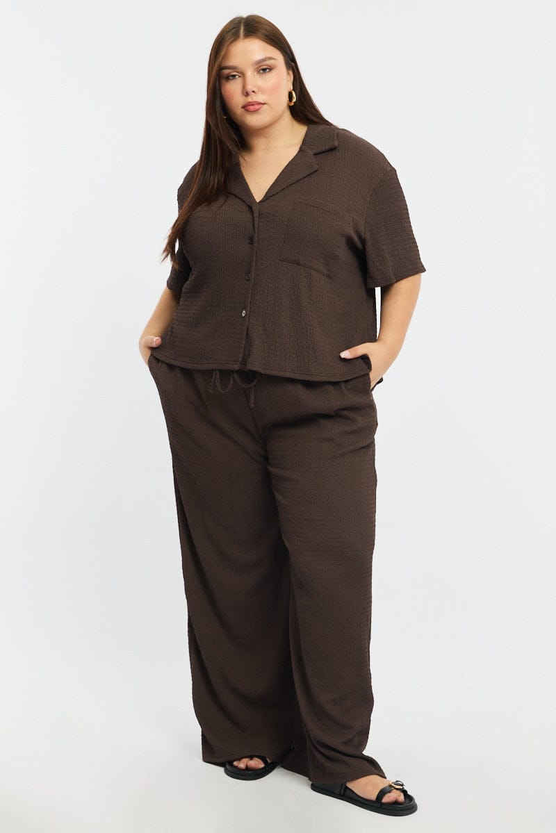 Brown Wide Leg Pants Elastic Waist for YouandAll Fashion