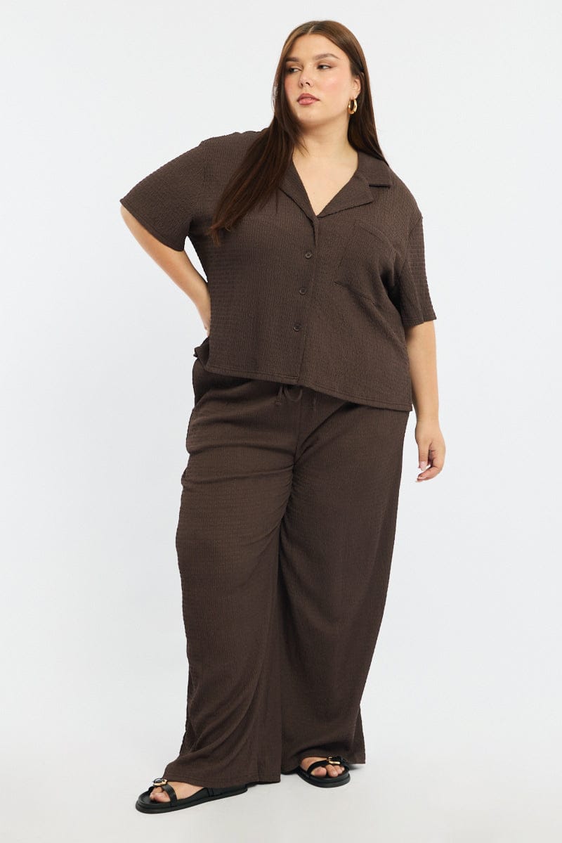 Brown Wide Leg Pants Elastic Waist for YouandAll Fashion
