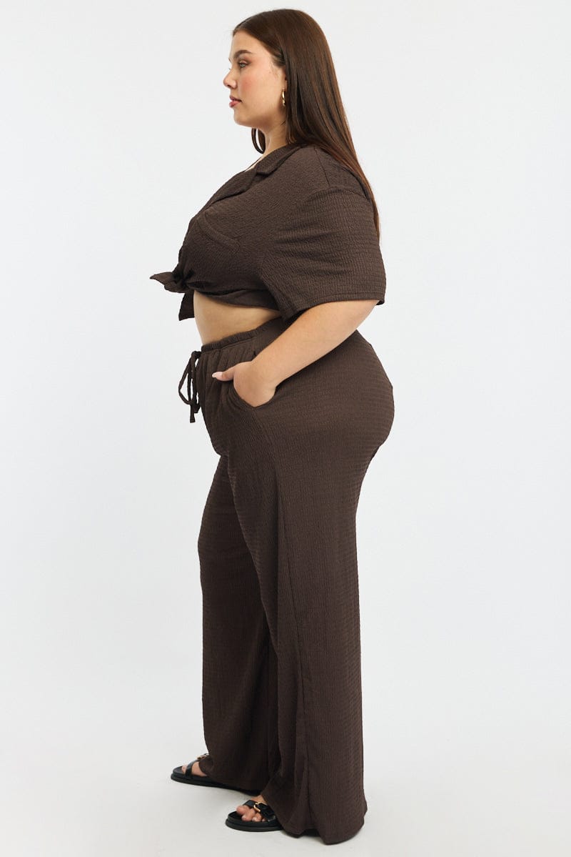 Brown Wide Leg Pants Elastic Waist for YouandAll Fashion