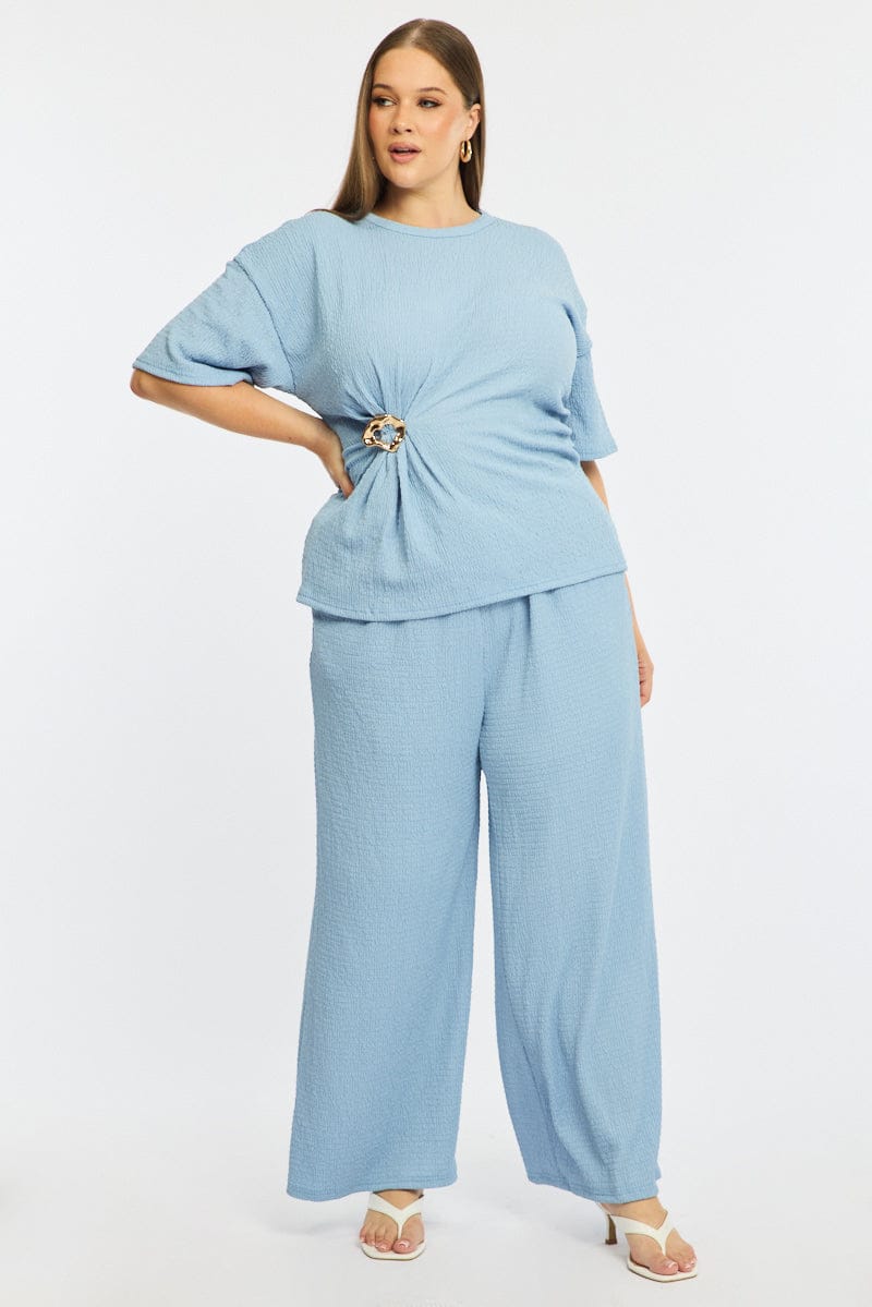 Blue Wide Leg Pants Elastic Waist for YouandAll Fashion