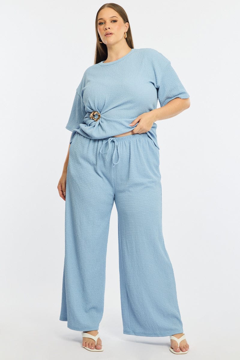 Blue Wide Leg Pants Elastic Waist for YouandAll Fashion