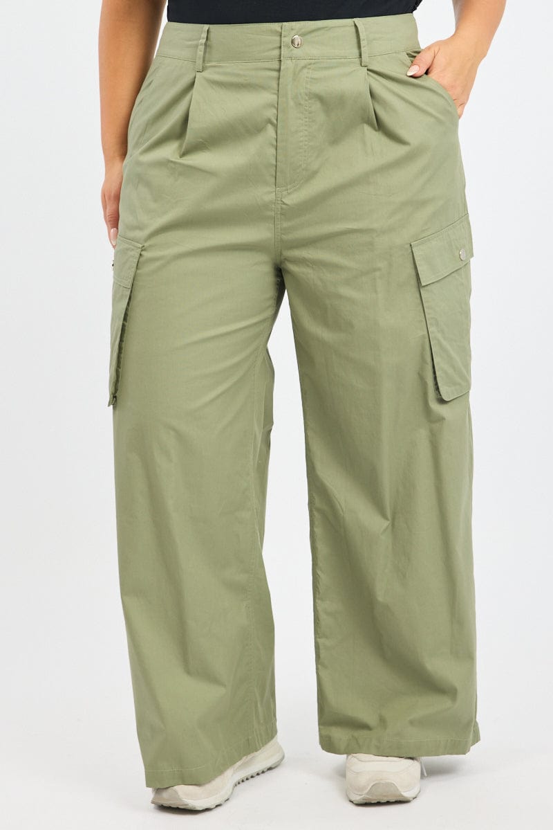 Green Cotton Blend Wide Leg Cargo Pants for YouandAll Fashion