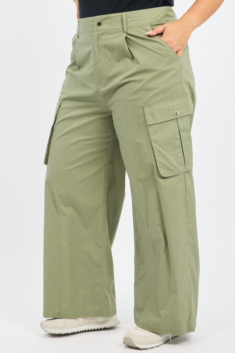 Green Cotton Blend Wide Leg Cargo Pants for YouandAll Fashion