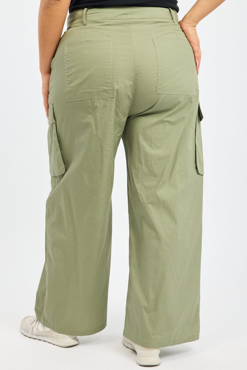 Green Cotton Blend Wide Leg Cargo Pants for YouandAll Fashion
