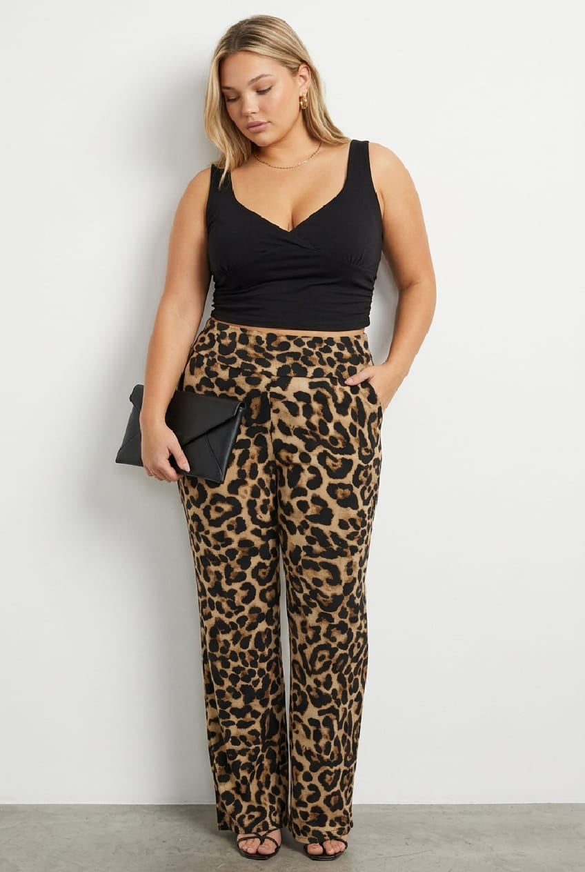 Brown Animal Print Jersey Leopard Flare Pants for YouandAll Fashion