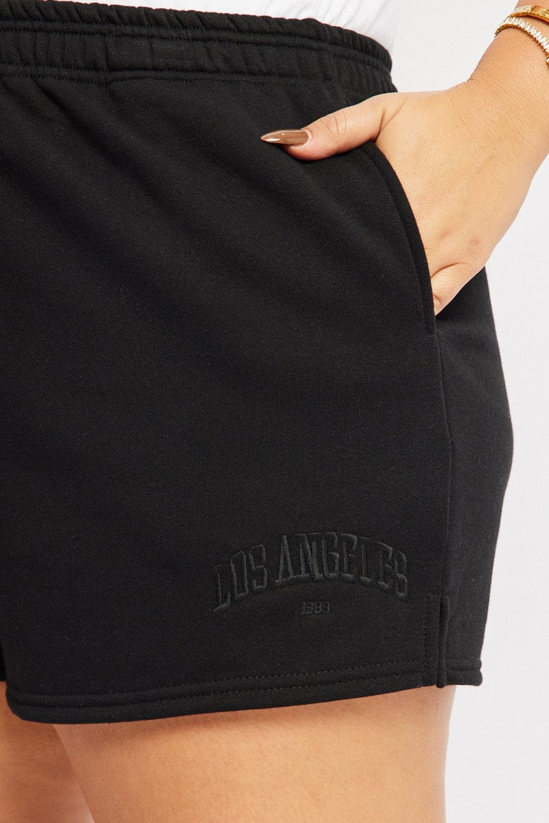 Black Los Angeles Embroidered Fleece Track Shorts for YouandAll Fashion