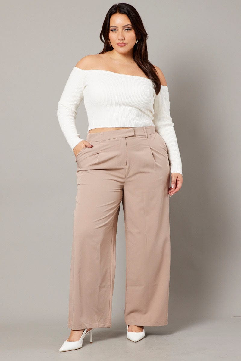 Beige Wide Leg Pants High Waist for YouandAll Fashion