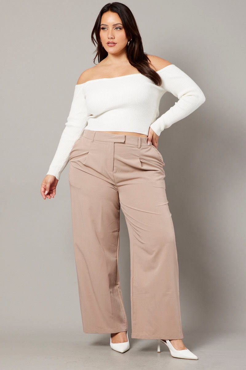 Beige Wide Leg Pants High Waist for YouandAll Fashion