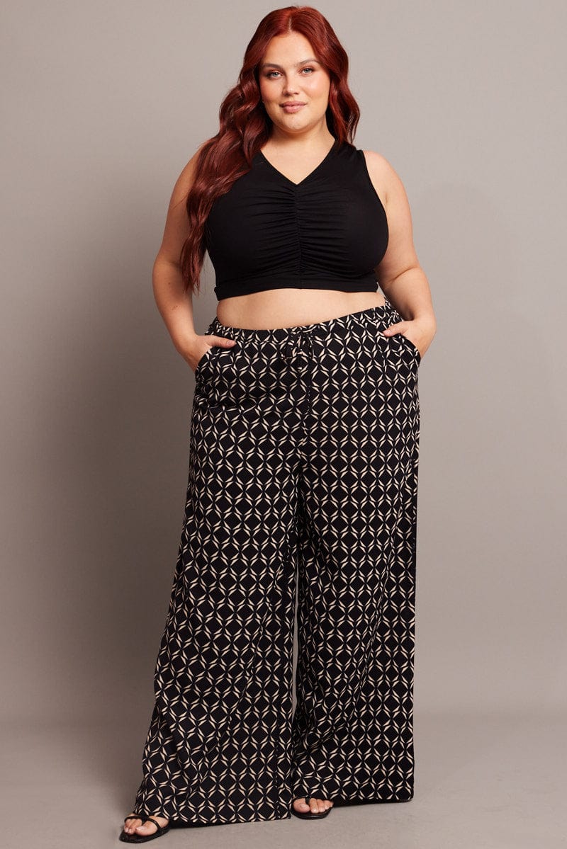 Black Geo Wide Leg Pants High Rise for YouandAll Fashion