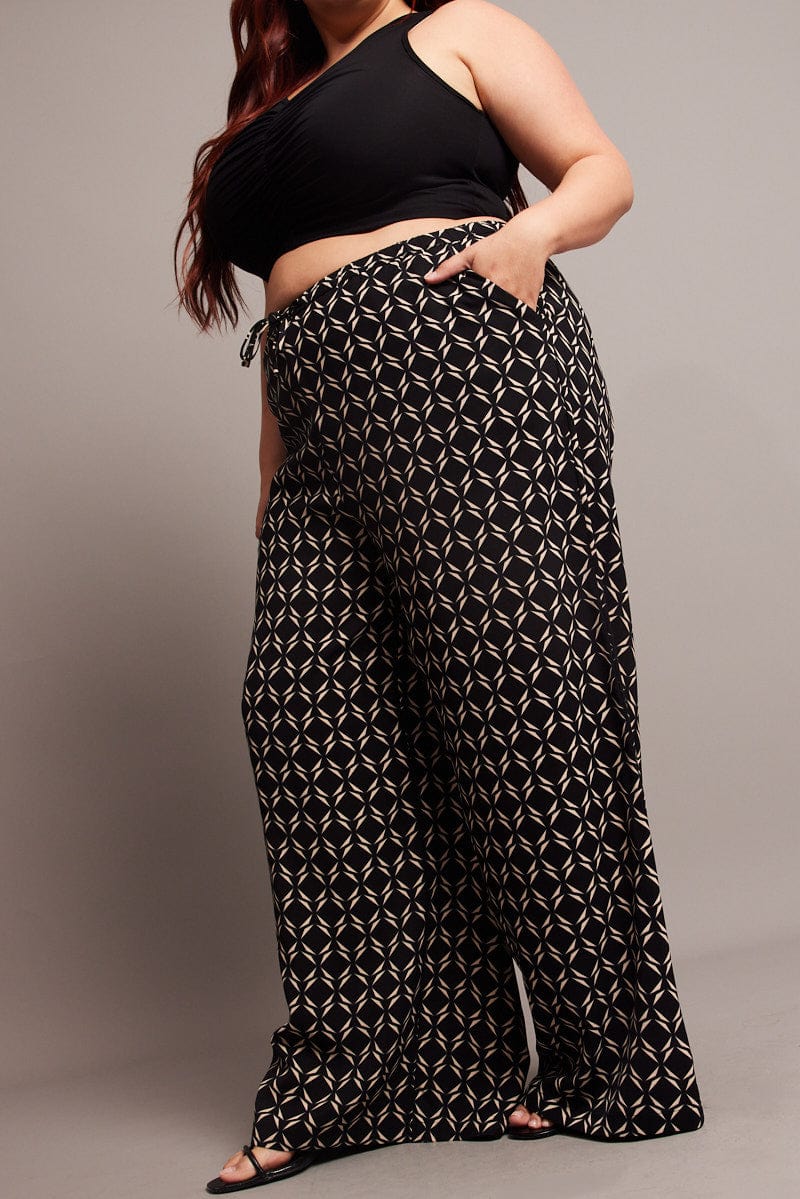 Black Geo Wide Leg Pants High Rise for YouandAll Fashion