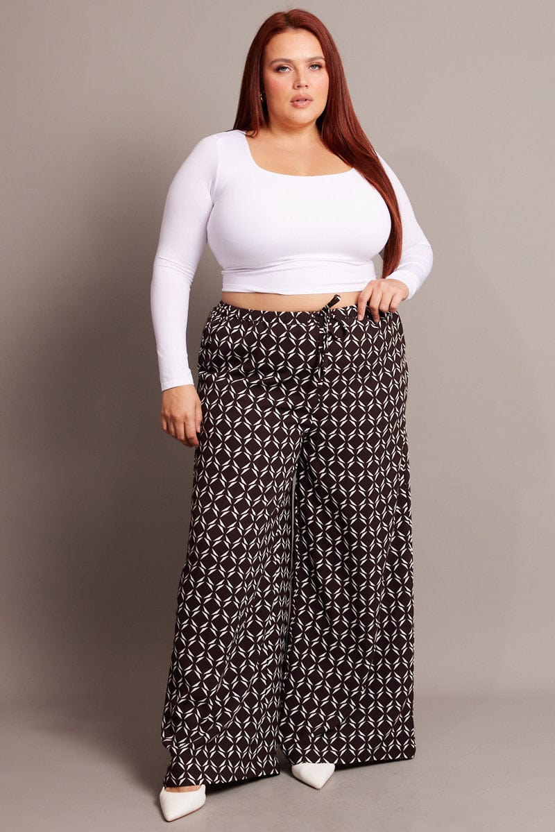 Brown Geo Wide Leg Pants High Rise for YouandAll Fashion