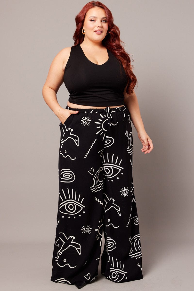 Black Abstract Wide Leg Pants High Rise for YouandAll Fashion