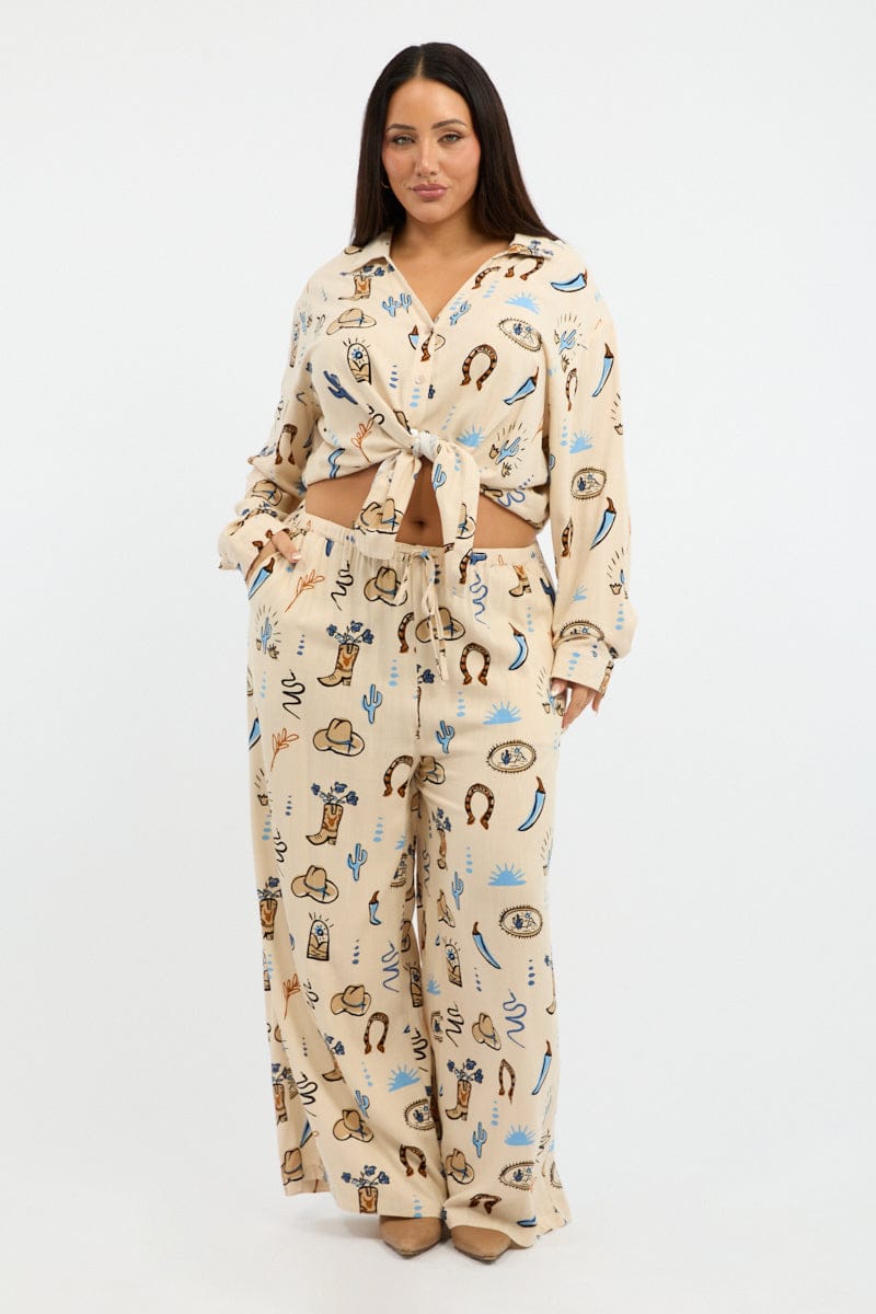 Beige Abstract Wide Leg Pants Elastic Waist for YouandAll Fashion