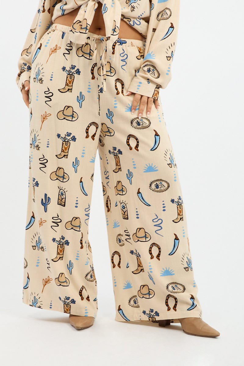 Beige Abstract Wide Leg Pants Elastic Waist for YouandAll Fashion