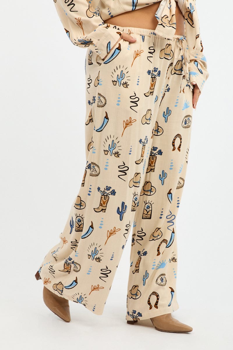 Beige Abstract Wide Leg Pants Elastic Waist for YouandAll Fashion