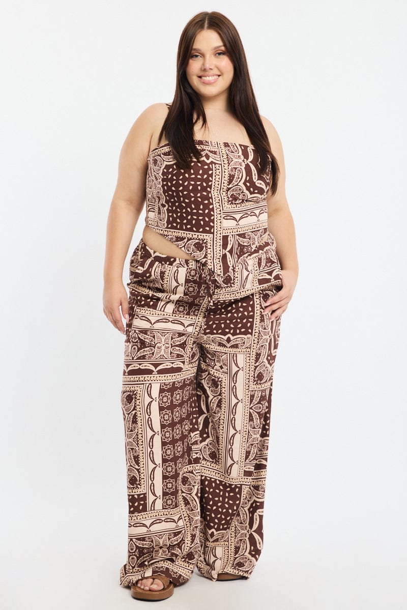 Brown Boho Wide Leg Pants Elastic Waist for YouandAll Fashion