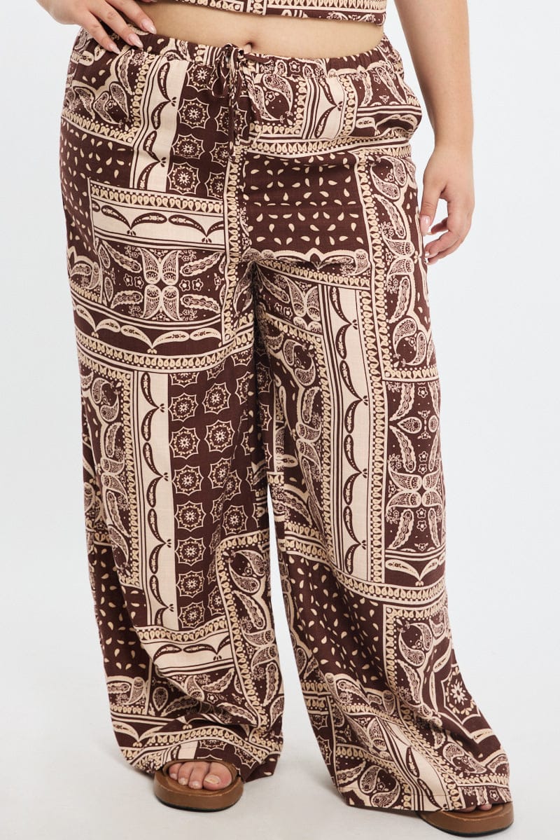 Brown Boho Wide Leg Pants Elastic Waist for YouandAll Fashion