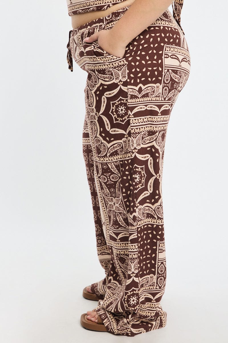 Brown Boho Wide Leg Pants Elastic Waist for YouandAll Fashion