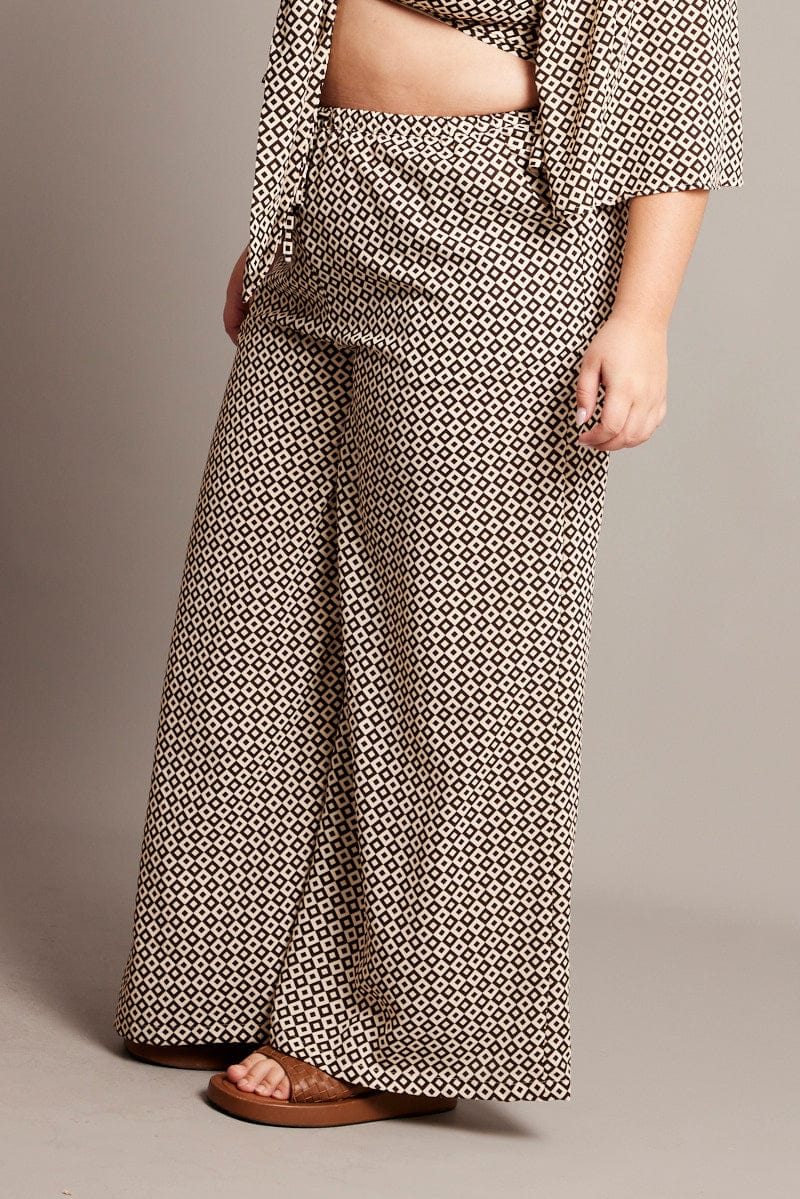 Brown Geo Drawstring Waist Wide Leg Pants for YouandAll Fashion