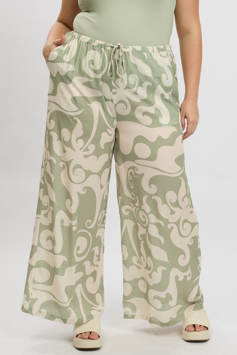 Green Abstract Drawstring Waist Linen Blend Wide Leg Pants for YouandAll Fashion