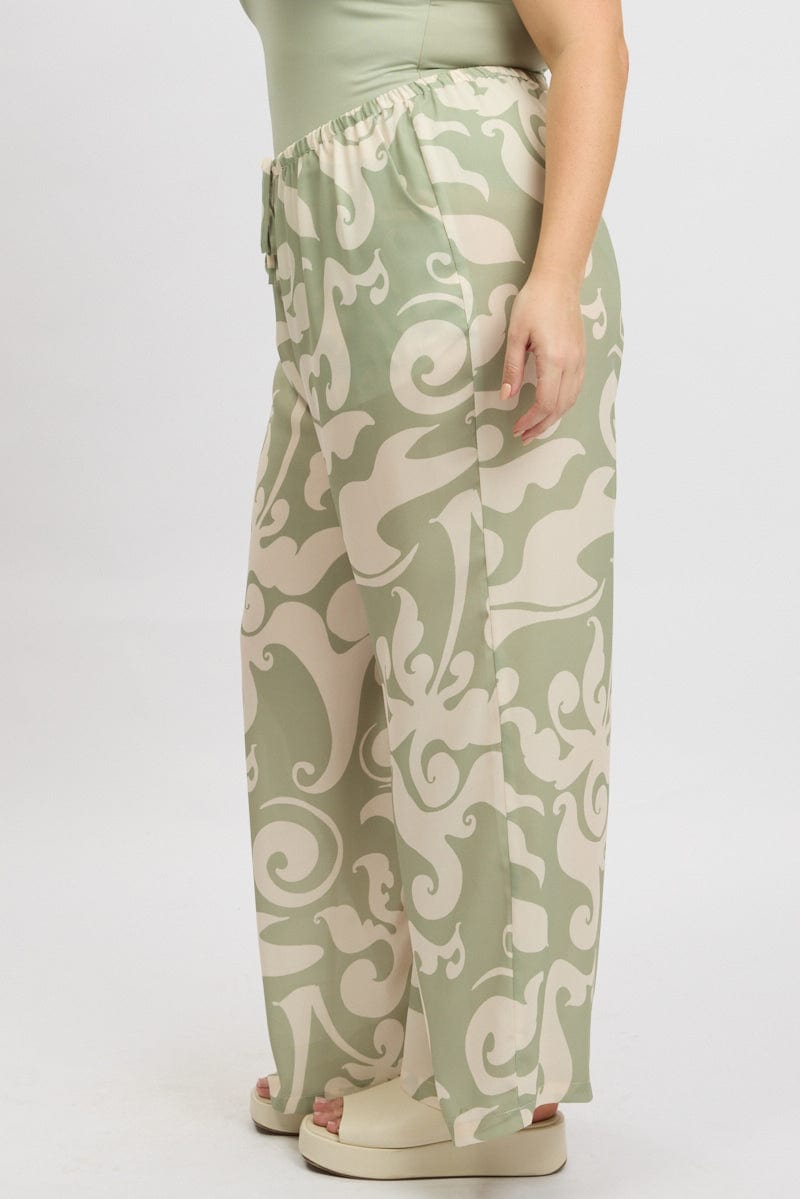 Green Abstract Drawstring Waist Linen Blend Wide Leg Pants for YouandAll Fashion