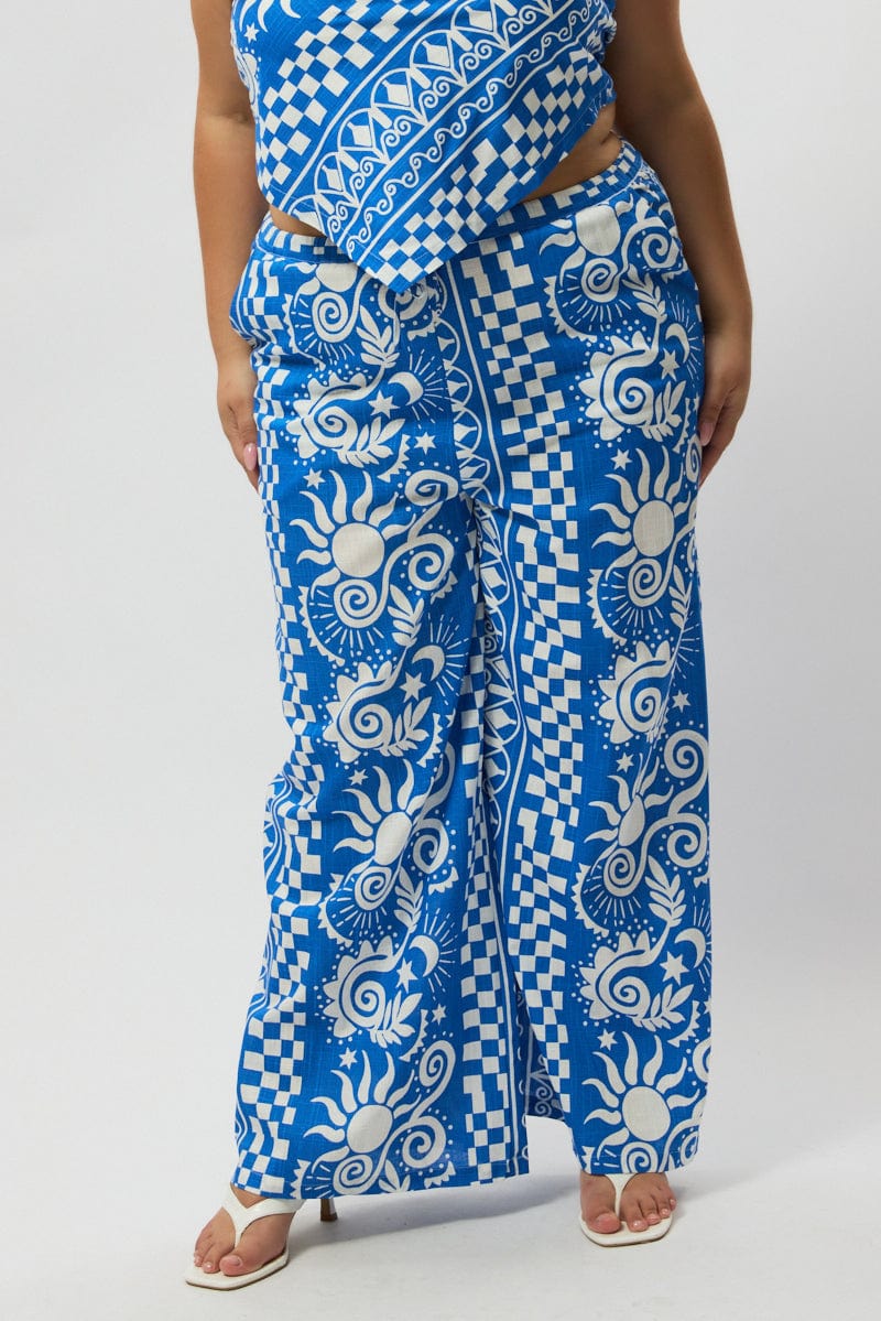 Blue Abstract Drawstring Wide Leg Linen Blend Pants for YouandAll Fashion