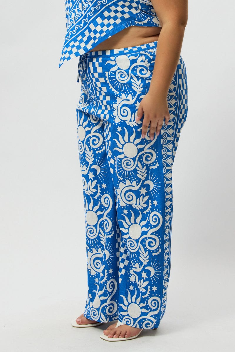 Blue Abstract Drawstring Wide Leg Linen Blend Pants for YouandAll Fashion