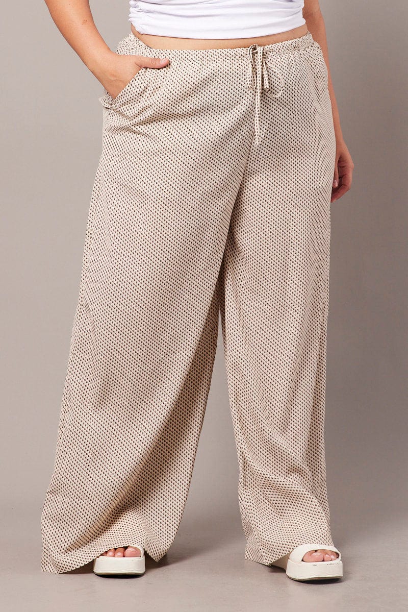 Beige Geo Wide Leg Pants High Rise for YouandAll Fashion