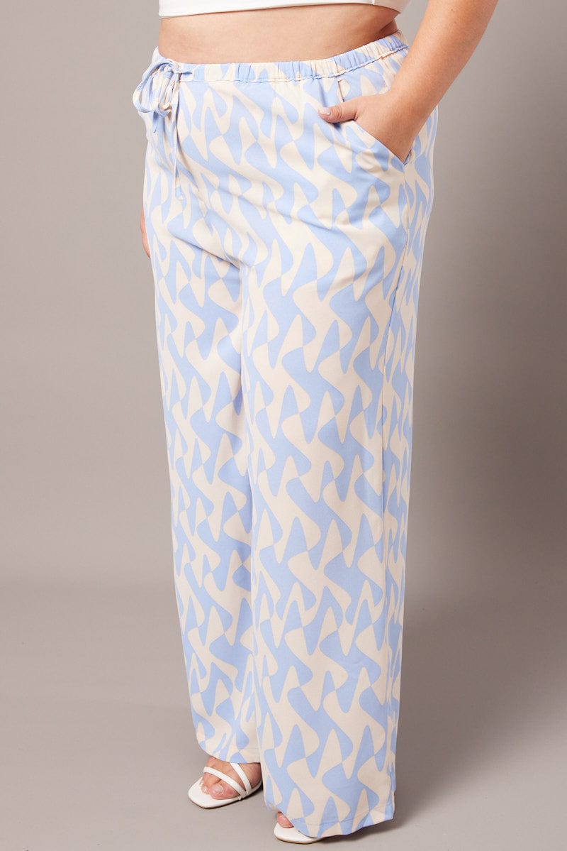 Blue Abstract Wide Leg Pants High Rise for YouandAll Fashion