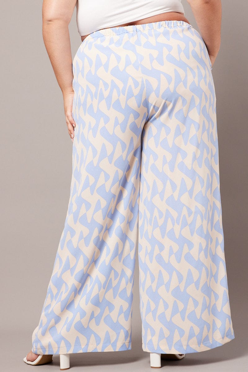 Blue Abstract Wide Leg Pants High Rise for YouandAll Fashion