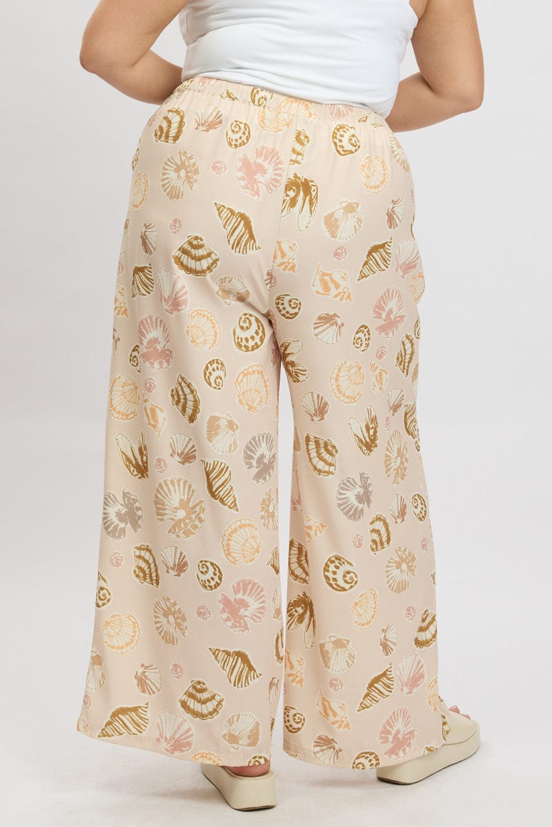 Beige Abstract Wide Leg Linen Blend Tie Waist Pants for YouandAll Fashion