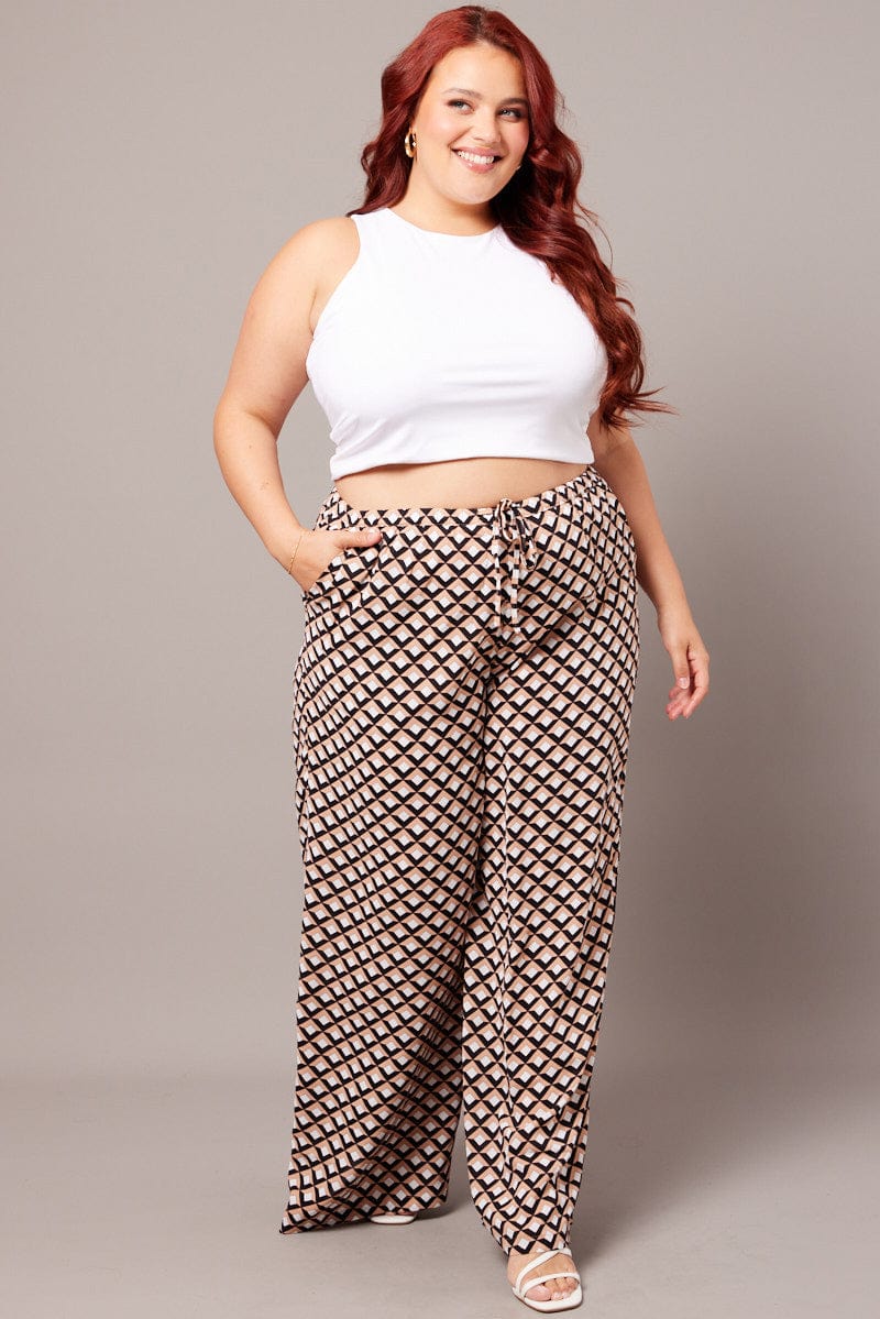 Brown Geo Wide Leg Pants High Rise for YouandAll Fashion